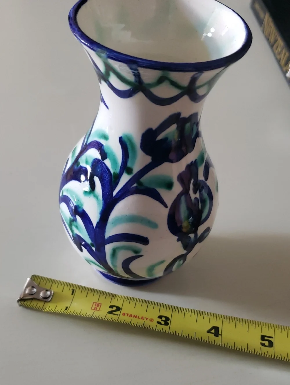 Vtg Hand-Painted Ceramic Vase - White W/ Blue & Green Floral Accents - 5.25